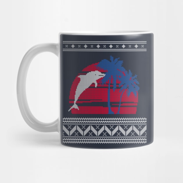 Blue and Red Palm Tree and Dolphin Ugly Christmas Sweater Design by YourGoods